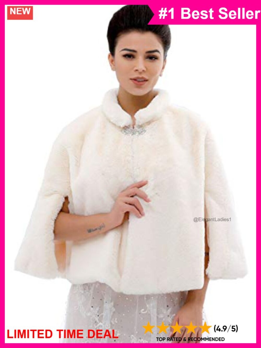 Faux Fur Bridal Wrap Wedding Stole Shrug Cape Rhinestone Brooch